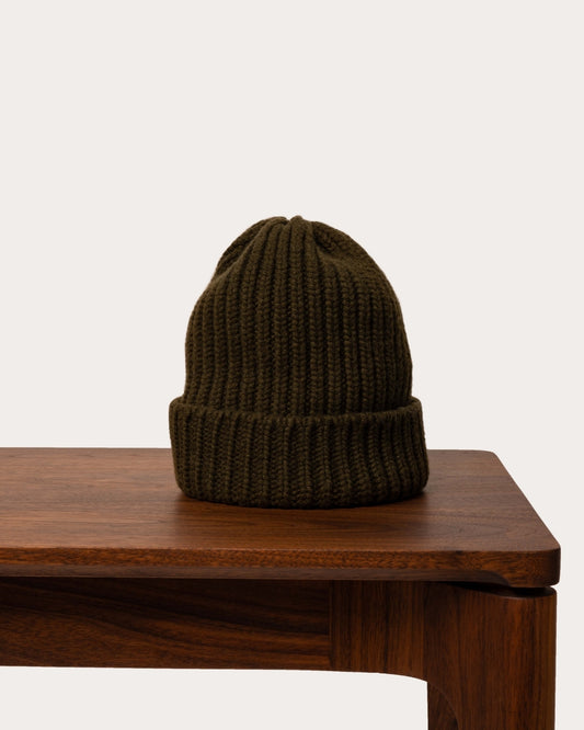 Chunky Knit Cashmere Beanie - Military Olive