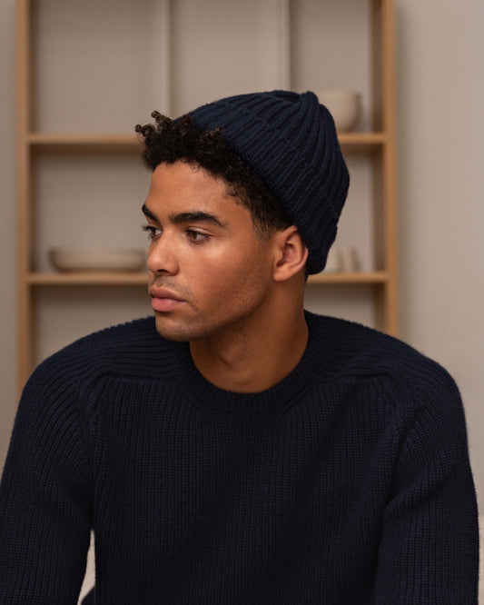 Chunky Knit Cashmere Beanie - Nero Navy
