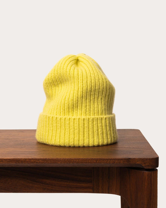 Ribbed Knit Cashmere Beanie - Lemon Sour Yellow